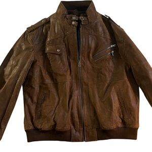 leather motorcycle jacket (with hood)